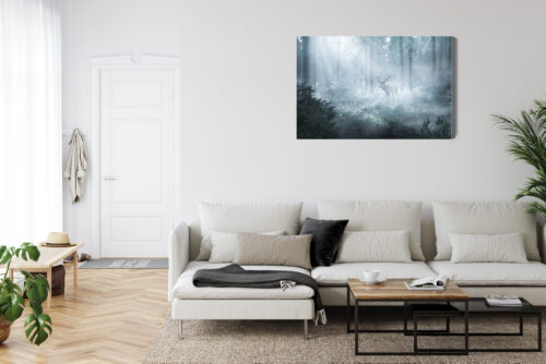 Obraz na płótnie Jeleń we mgle Fotografia lasu Mglisty poranek  Premium Canvas - obrazek 6