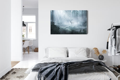 Obraz na płótnie Jeleń we mgle Fotografia lasu Mglisty poranek  Premium Canvas - obrazek 7