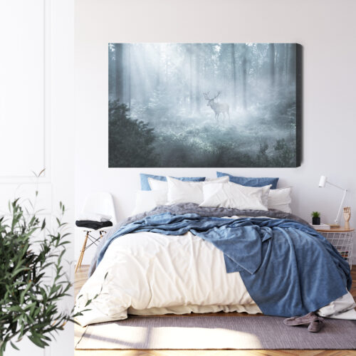 Obraz na płótnie Jeleń we mgle Fotografia lasu Mglisty poranek  Premium Canvas - obrazek 3