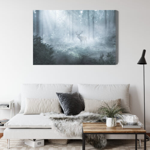 Obraz na płótnie Jeleń we mgle Fotografia lasu Mglisty poranek  Premium Canvas - obrazek 4