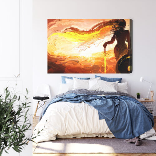 Obraz na płótnie Wojowniczka o zachodzie słońca Styl malarski  Premium Canvas - obrazek 3