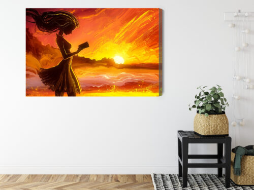 Obraz na płótnie Kobieta z książką Zachód słońca malarski styl  Premium Canvas - obrazek 8