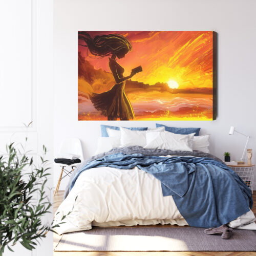 Obraz na płótnie Kobieta z książką Zachód słońca malarski styl  Premium Canvas - obrazek 3