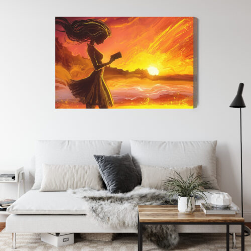 Obraz na płótnie Kobieta z książką Zachód słońca malarski styl  Premium Canvas - obrazek 4