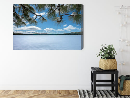 Obraz na płótnie Zimowy krajobraz z jeziorem i sosnami Premium Canvas - obrazek 8