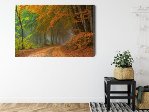 Obraz na płótnie Jesienny las Droga wśród drzew mgła  Premium Canvas - obrazek 8