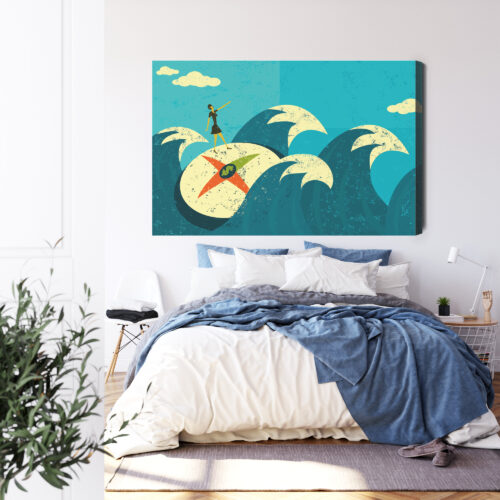 Obraz na płótnie Kobieta na kompasie Retro Stylizowane fale Premium Canvas - obrazek 3