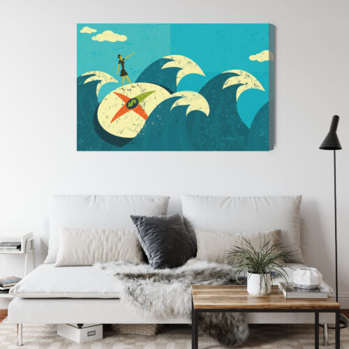 Obraz na płótnie Kobieta na kompasie Retro Stylizowane fale Premium Canvas - obrazek 4