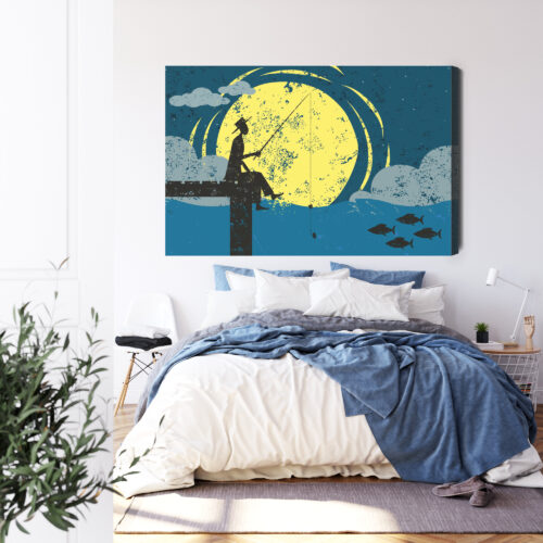Obraz na płótnie Rybak na molo Retro styl noc  Premium Canvas - obrazek 3