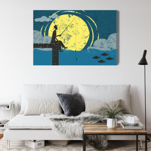 Obraz na płótnie Rybak na molo Retro styl noc  Premium Canvas - obrazek 4