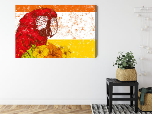 Obraz na płótnie Czerwona ara z kwiatami Tropikalna ilustracja  Premium Canvas - obrazek 8