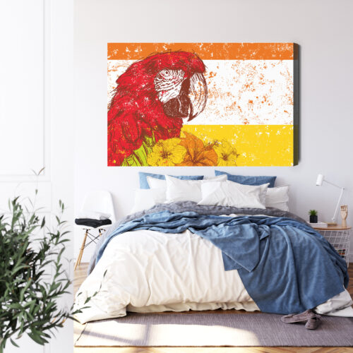 Obraz na płótnie Czerwona ara z kwiatami Tropikalna ilustracja  Premium Canvas - obrazek 3