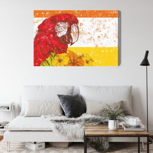 Obraz na płótnie Czerwona ara z kwiatami Tropikalna ilustracja  Premium Canvas - obrazek 4