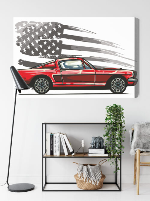 Obraz na płótnie Klasyczny samochód Mustang Flaga USA Styl retro  Premium Canvas - obrazek 9