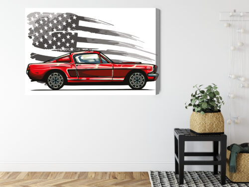 Obraz na płótnie Klasyczny samochód Mustang Flaga USA Styl retro  Premium Canvas - obrazek 8