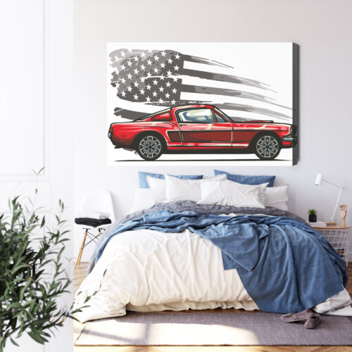 Obraz na płótnie Klasyczny samochód Mustang Flaga USA Styl retro  Premium Canvas - obrazek 3