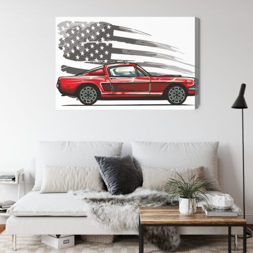 Obraz na płótnie Klasyczny samochód Mustang Flaga USA Styl retro  Premium Canvas - obrazek 4