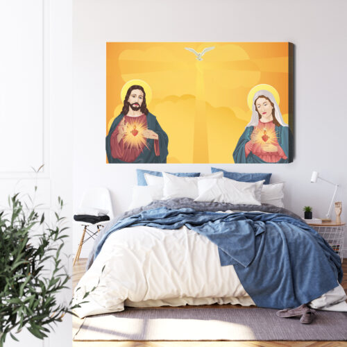 Obraz na płótnie Jezus i Maryja z Sercami Styl Ilustracyjny  Premium Canvas - obrazek 3