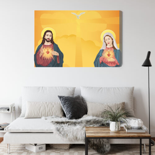 Obraz na płótnie Jezus i Maryja z Sercami Styl Ilustracyjny  Premium Canvas - obrazek 4