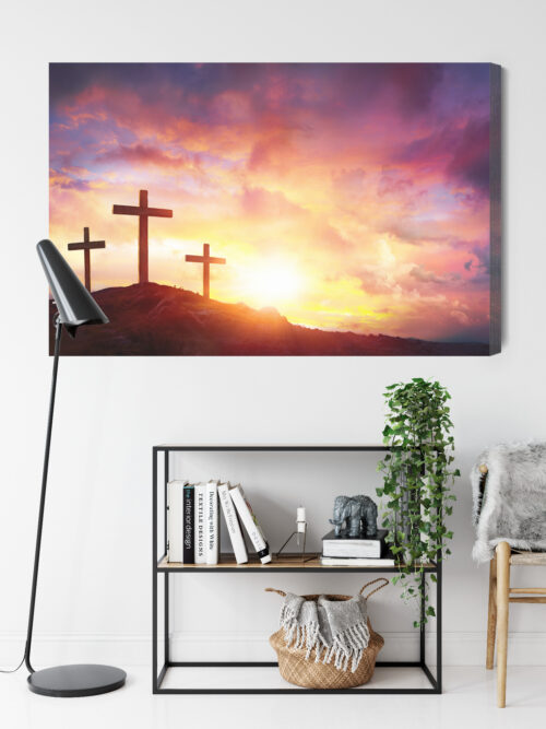 Obraz na płótnie Trzy krzyże Religijny Zachód słońca na wzgórzu  Premium Canvas - obrazek 9