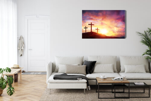 Obraz na płótnie Trzy krzyże Religijny Zachód słońca na wzgórzu  Premium Canvas - obrazek 6