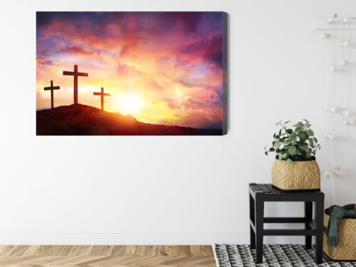 Obraz na płótnie Trzy krzyże Religijny Zachód słońca na wzgórzu  Premium Canvas - obrazek 8