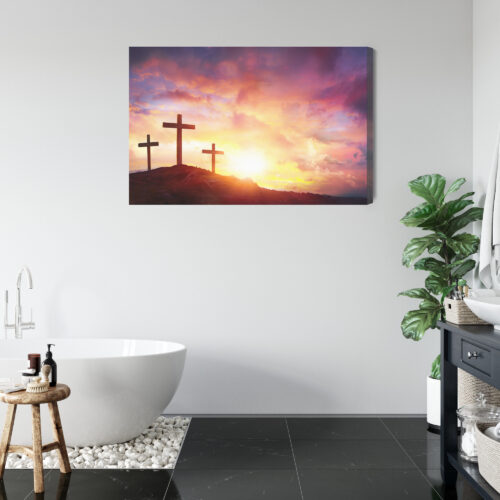 Obraz na płótnie Trzy krzyże Religijny Zachód słońca na wzgórzu  Premium Canvas - obrazek 5