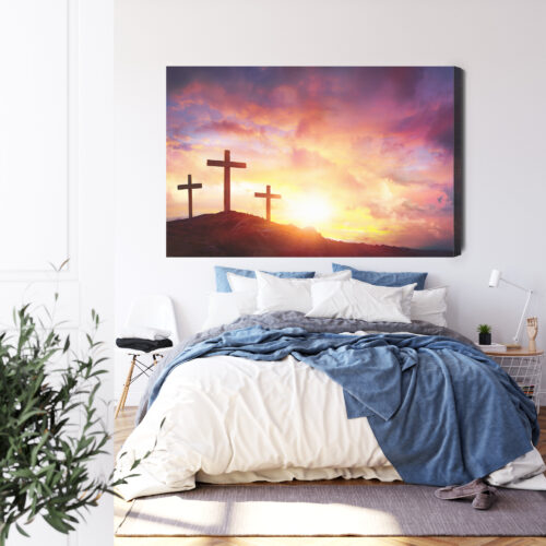Obraz na płótnie Trzy krzyże Religijny Zachód słońca na wzgórzu  Premium Canvas - obrazek 3