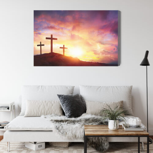 Obraz na płótnie Trzy krzyże Religijny Zachód słońca na wzgórzu  Premium Canvas - obrazek 4