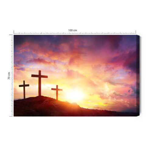 Obraz na płótnie Trzy krzyże Religijny Zachód słońca na wzgórzu  Premium Canvas