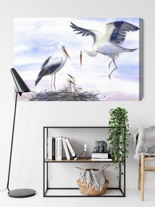 Obraz na płótnie Bociany Akwarela Rodzina w gnieździe  Premium Canvas - obrazek 9