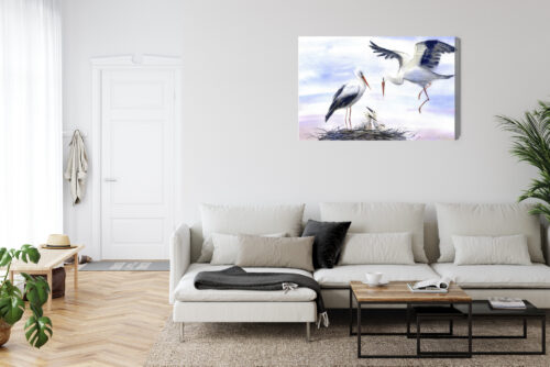 Obraz na płótnie Bociany Akwarela Rodzina w gnieździe  Premium Canvas - obrazek 6