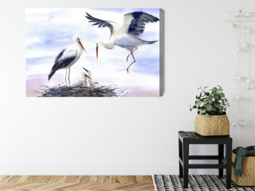 Obraz na płótnie Bociany Akwarela Rodzina w gnieździe  Premium Canvas - obrazek 8