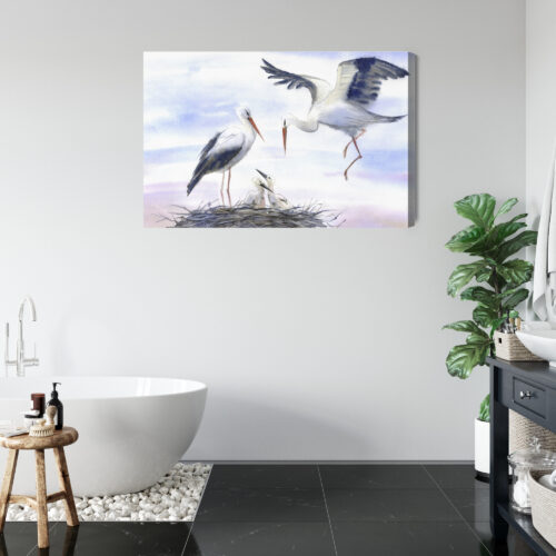 Obraz na płótnie Bociany Akwarela Rodzina w gnieździe  Premium Canvas - obrazek 5