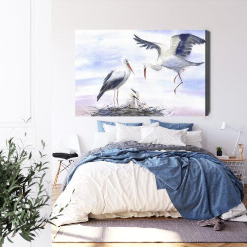 Obraz na płótnie Bociany Akwarela Rodzina w gnieździe  Premium Canvas - obrazek 3