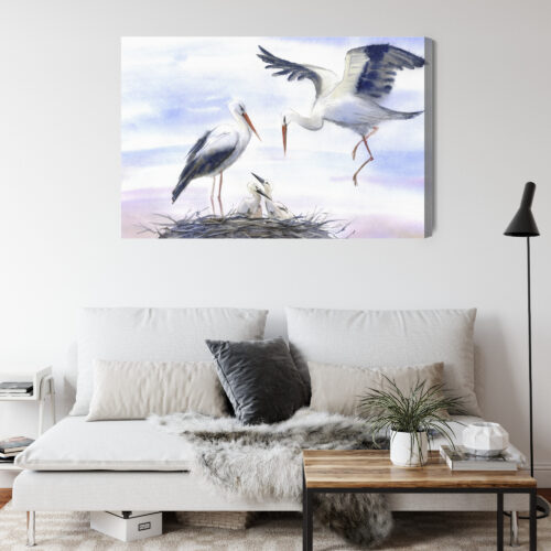 Obraz na płótnie Bociany Akwarela Rodzina w gnieździe  Premium Canvas - obrazek 4