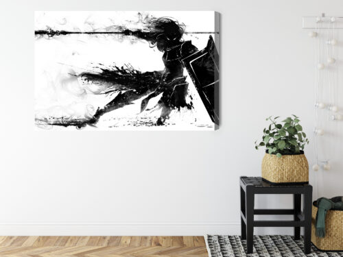 Obraz na płótnie Wojownik z włócznią Czarno-biały szkic Premium Canvas - obrazek 8