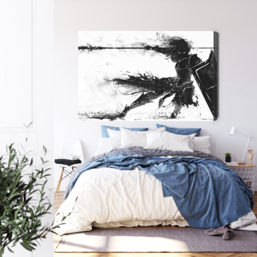 Obraz na płótnie Wojownik z włócznią Czarno-biały szkic Premium Canvas - obrazek 3