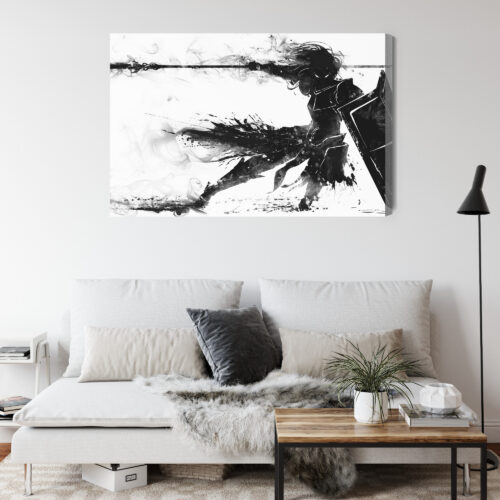 Obraz na płótnie Wojownik z włócznią Czarno-biały szkic Premium Canvas - obrazek 4