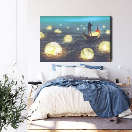 Obraz na płótnie Noc Fantazja Świetliste kule i łódź  Premium Canvas - obrazek 3