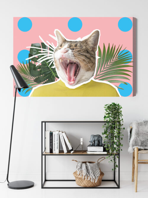 Obraz na płótnie Humor Ziewający kot w żółtej bluzie Premium Canvas - obrazek 9