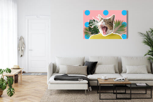 Obraz na płótnie Humor Ziewający kot w żółtej bluzie Premium Canvas - obrazek 6