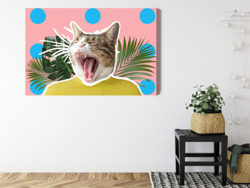 Obraz na płótnie Humor Ziewający kot w żółtej bluzie Premium Canvas - obrazek 8