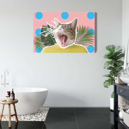 Obraz na płótnie Humor Ziewający kot w żółtej bluzie Premium Canvas - obrazek 5