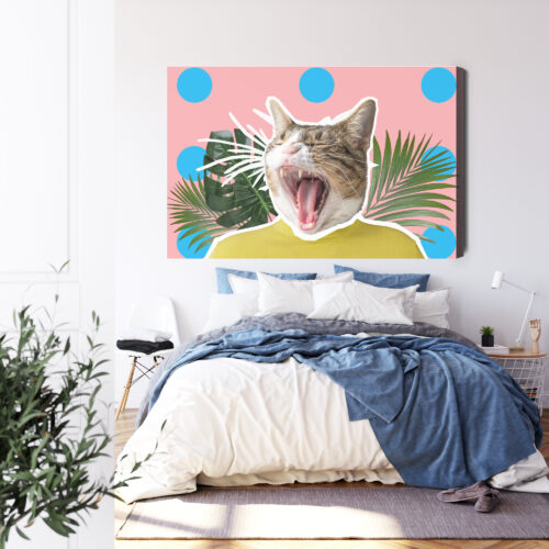 Obraz na płótnie Humor Ziewający kot w żółtej bluzie Premium Canvas - obrazek 3