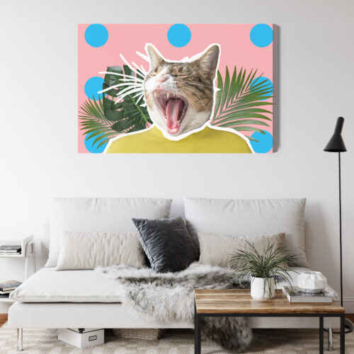 Obraz na płótnie Humor Ziewający kot w żółtej bluzie Premium Canvas - obrazek 4