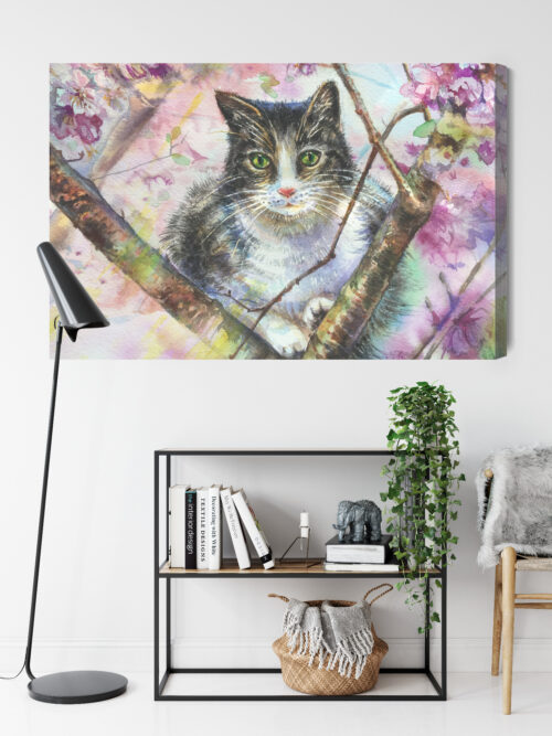 Obraz na płótnie Kot na Gałęzi w Kwiatach Akwarela  Premium Canvas - obrazek 9