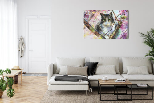 Obraz na płótnie Kot na Gałęzi w Kwiatach Akwarela  Premium Canvas - obrazek 6