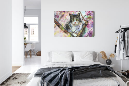 Obraz na płótnie Kot na Gałęzi w Kwiatach Akwarela  Premium Canvas - obrazek 7