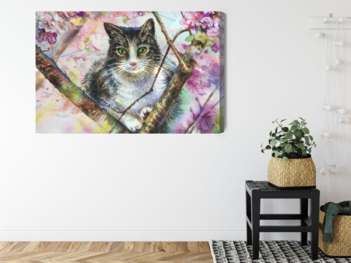 Obraz na płótnie Kot na Gałęzi w Kwiatach Akwarela  Premium Canvas - obrazek 8